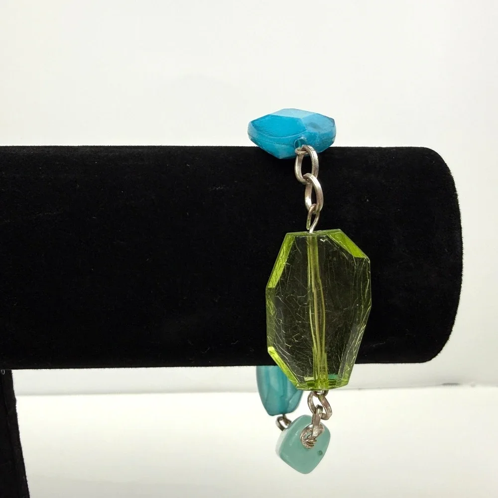 Chunky Acrylic Beaded Statement Necklace and Bracelet Set Blue Green Jewelry
